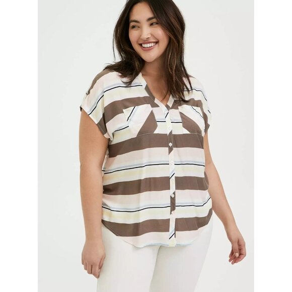 torrid Tops - Torrid Top 3X Striped Challis Blouse Button-Up Short Sleeve Women's